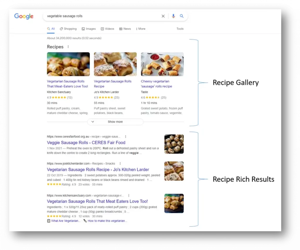 Examples of Rich Results for Recipes in Google Search Results